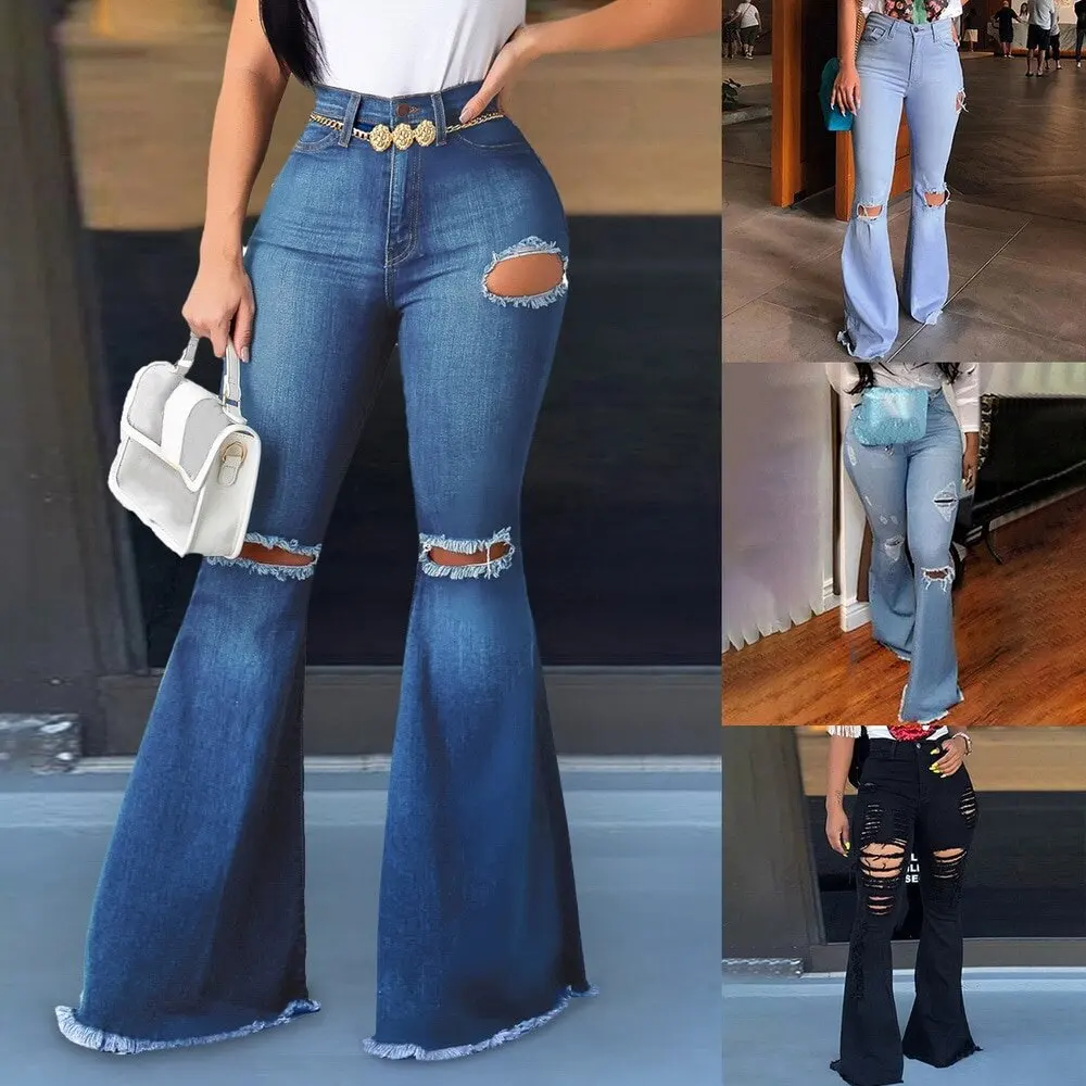 Plus Size S-3XL Women Ripped Flare Jeans Spring Summer Autumn Casual Bell Bottom Hole Slim Skinny Pencil Denim Pants