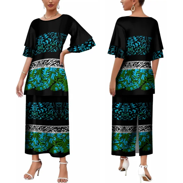 

2023 Customized On Demand Polynesian Hawaii Tribal High Quality Formal Occasions Double Layer Flare Sleeve Set Puletasi