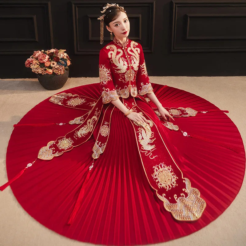 

Exquisite Phoenix Embroidery Chinese Style Couple Marriage Toast Cheongsam Traditional Oriental Wedding Dress Qipao Vestidos