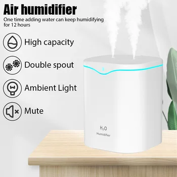 2000ML USB 공기 가습기, 더블 스프레이 포트 에센셜 오일 아로마 테라피, 쿨 미스트 메이커, 홈 오피스용 포거 정화