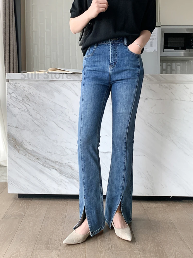 

Korean Style Women's Denim Bell-Bottom Pants Slim Fit Slit Black Mid-Length Fashion Women's Pants Trousers Women Y2k Clothes