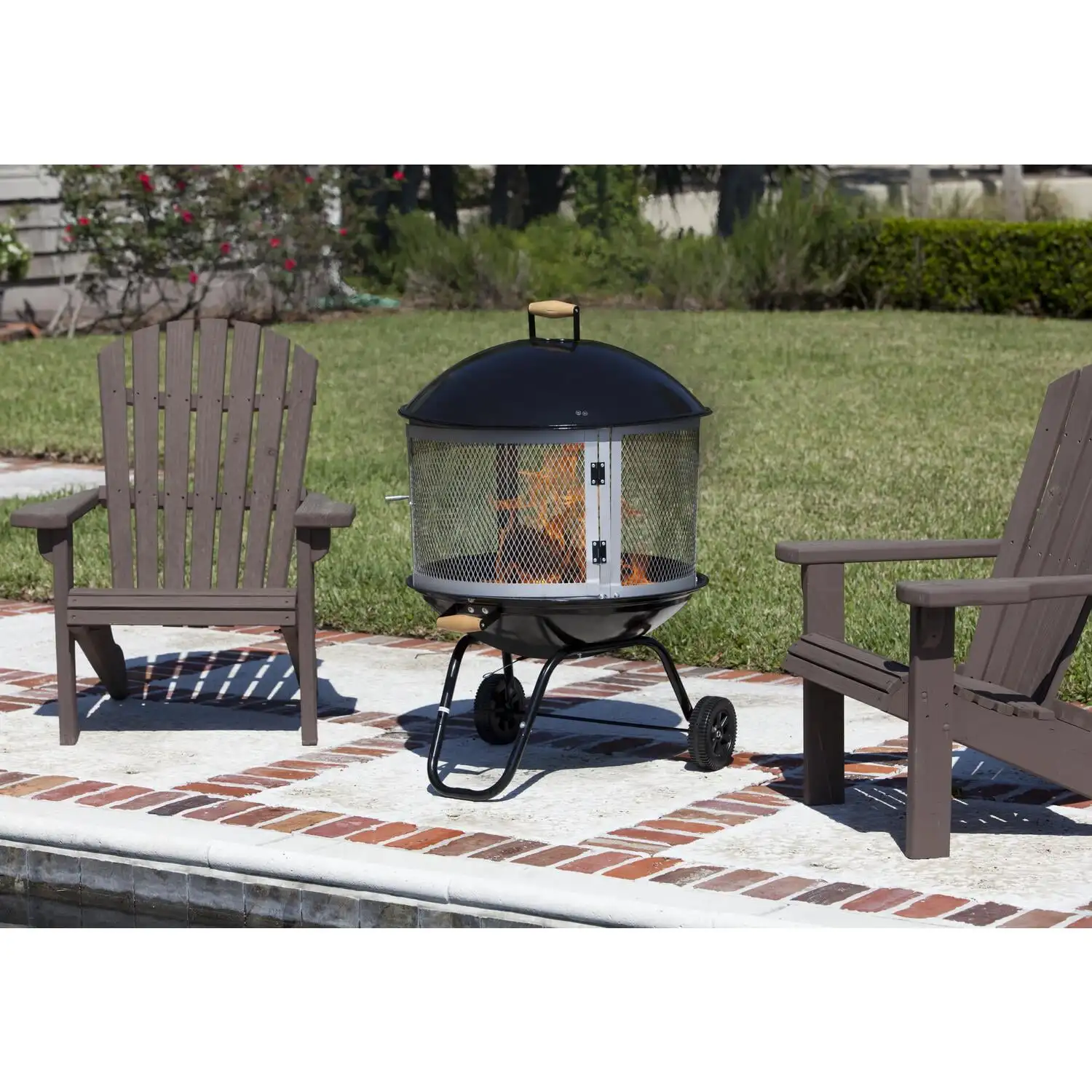 Fire Pit Bessemer Rolling Patio Fireplace Wooden Bonfire Porcelain Enamel Wood Burning with Wheels
