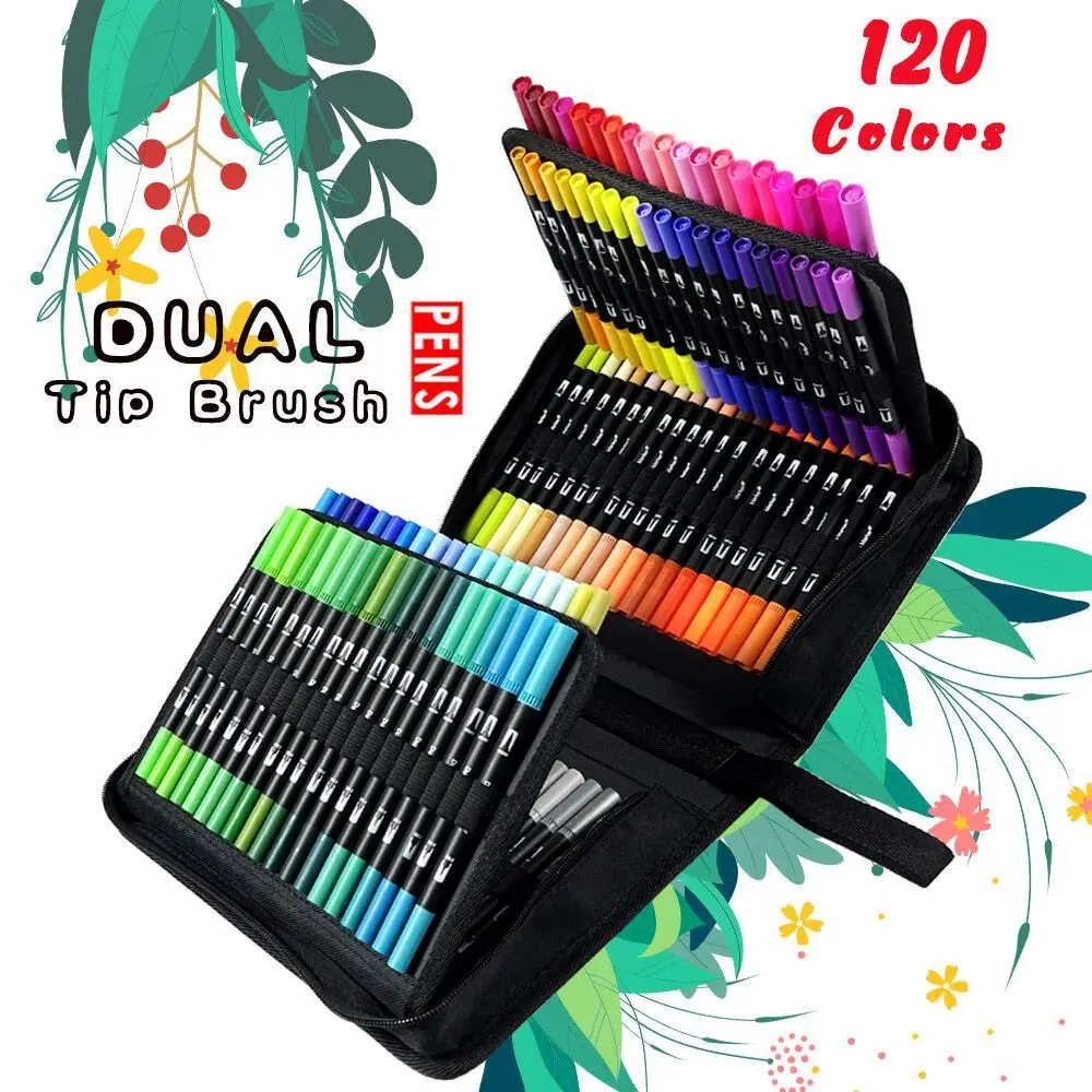 120 Pack Painting Pen Set 100 Colored Dual Tip Markers and 20 Colors  Glitter Gel Pens with Canvas Bag for Adult Coloring Books