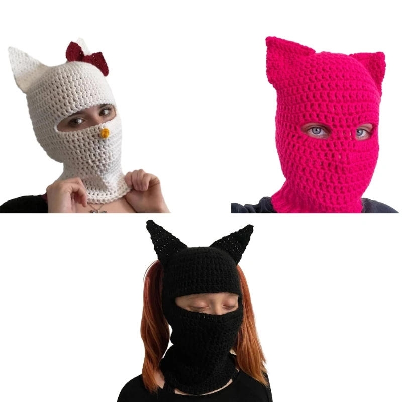 

New Handmade Balaclava Neck Protect Hat with Cat Ear Winter Knit Hat Winter Gift for Students Teens Cycling Skiing