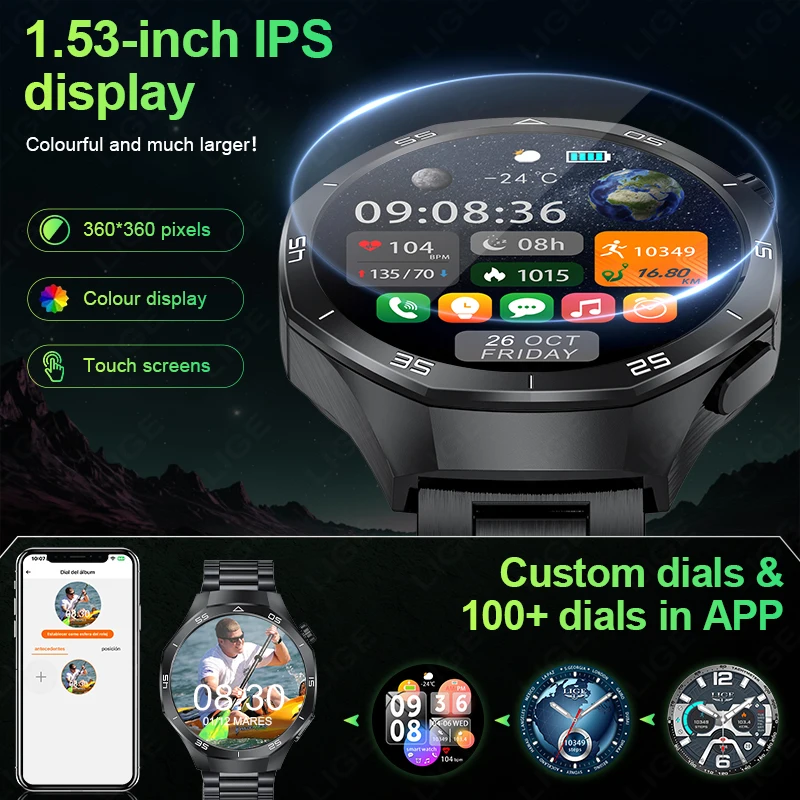 LIGE Outdoor Sports Waterproof Smart Watch Men 1.53" HD Screen Heart Rate Monitor BT Call Fitness Men Smartwatch For Android IOS