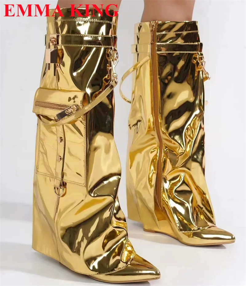 

Женские ботинки на танкетке, модельные ботинки до середины икры с боковым карманом и металлическим замком, обувь на высоком каблуке, Осень-зима 2023
