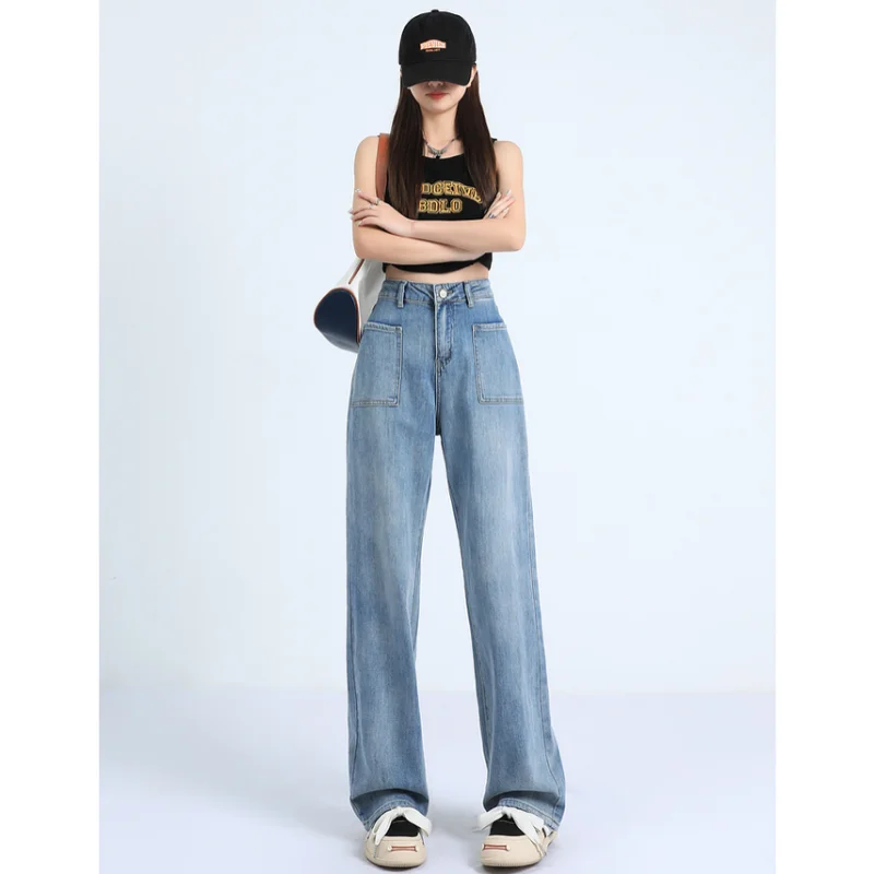 

Women Blue Jeans Streetwear High Waist American Wide Leg Pants Y2K Style Fashion 2023 Vintage Female Autumn Straight Trousers