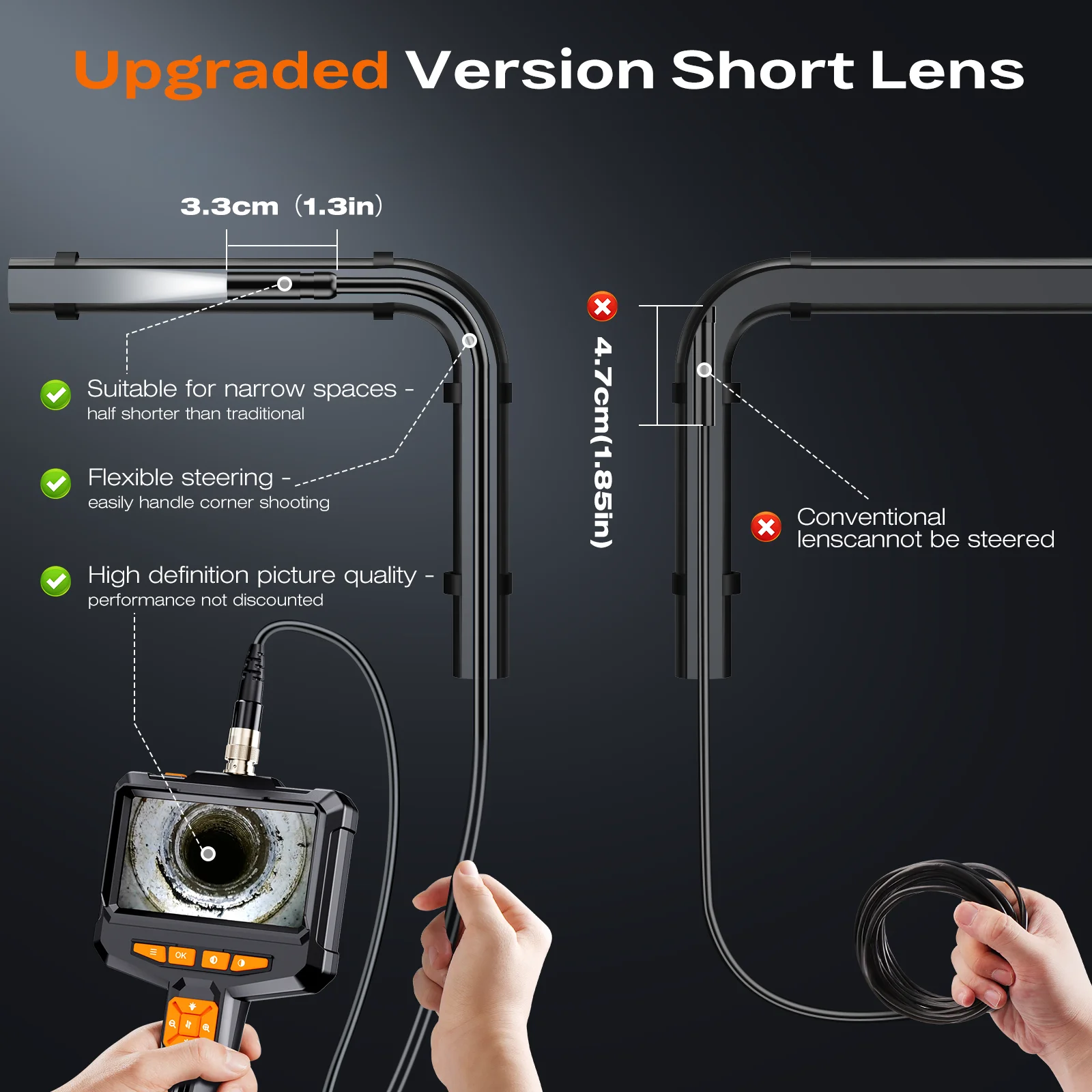 4.3 Inch Handheld Industrial Endoscope 16.4FT Semi-Rigid Cable Borescope HD Insp