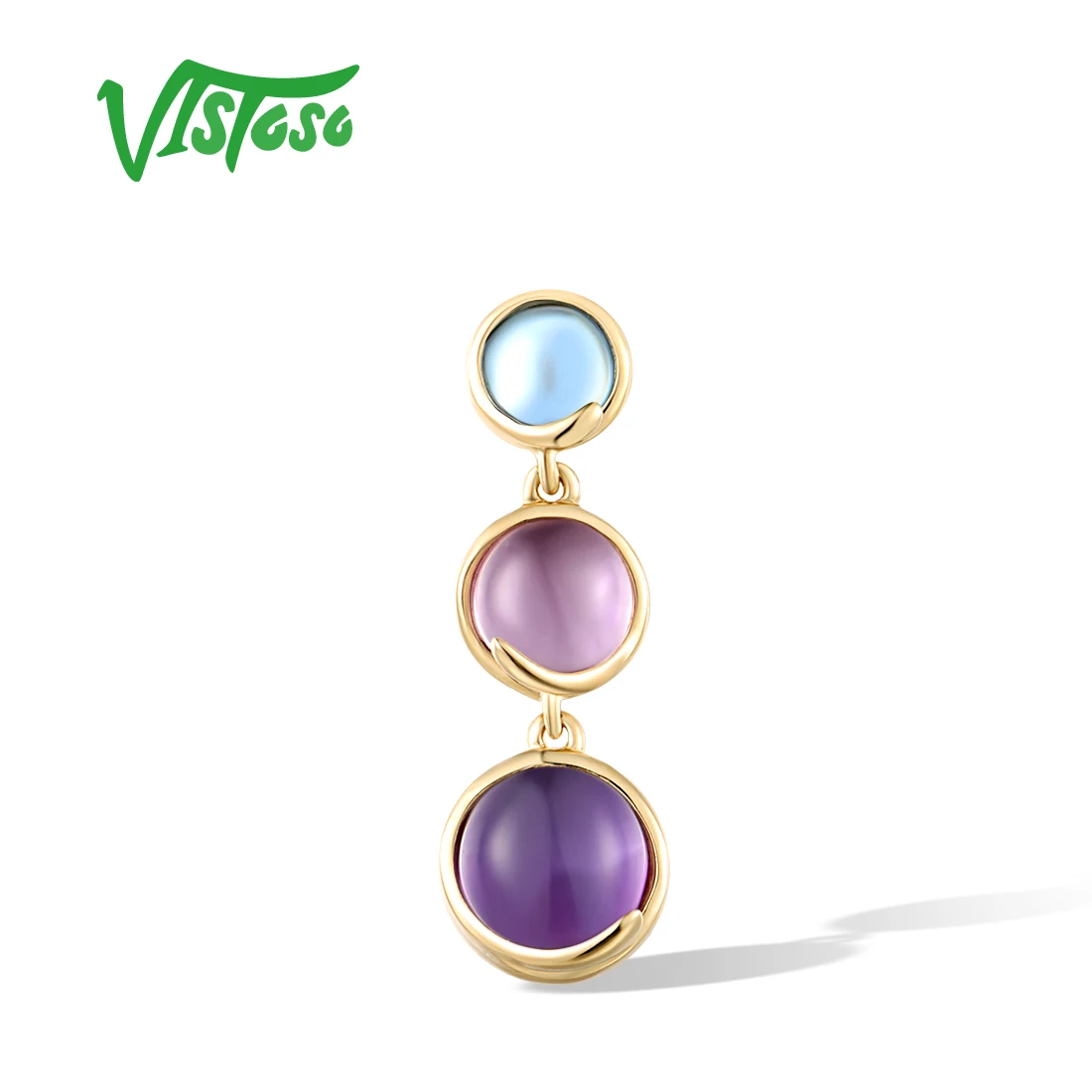 

VISTOSO Pure 14K 585 Yellow Gold Pendant For Women Genuine Amethyst Swiss Blue Topaz Simple Party Gifts Trendy Fine Jewelry