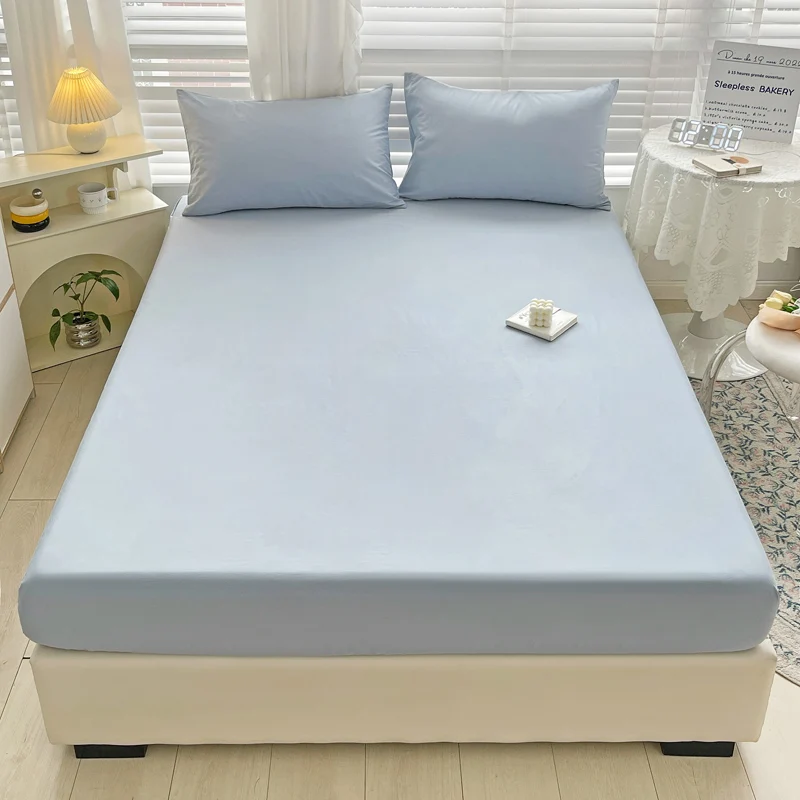100 Cotton Solid Color Fitted Sheet Set Double Bed Non Slip Fitted