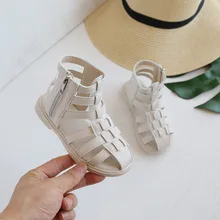 

Children's Sandals 2022 Summer New Korean Style Solid Girl Covered Toes Soft Bottom Hollow Side Zipper Fashion Kids Roman Sandal