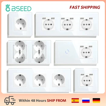 BSEED 터치 라이트 스위치, EU 벽 소켓, 홈 벽 스위치, 1 웨이 백라이트, 크리스탈 유리 패널, USB 벽 소켓, 1, 2, 3 갱