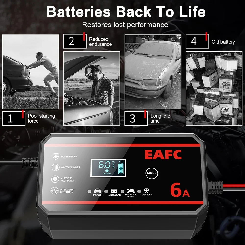EAFC Tragbares 6A/8A 12V Smart Batterieladegerät Automatisch für Erhaltungslithium LiFePO4 Blei-Säure-Batterien Auto Motorrad Ladegerät – Detail 3
