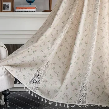 Boho Floral Semi-Blackout Windows Tende con nappe all'uncinetto Poliestere Cotone Lino Miscela per camera da letto Soggiorno Tende bohémien 1