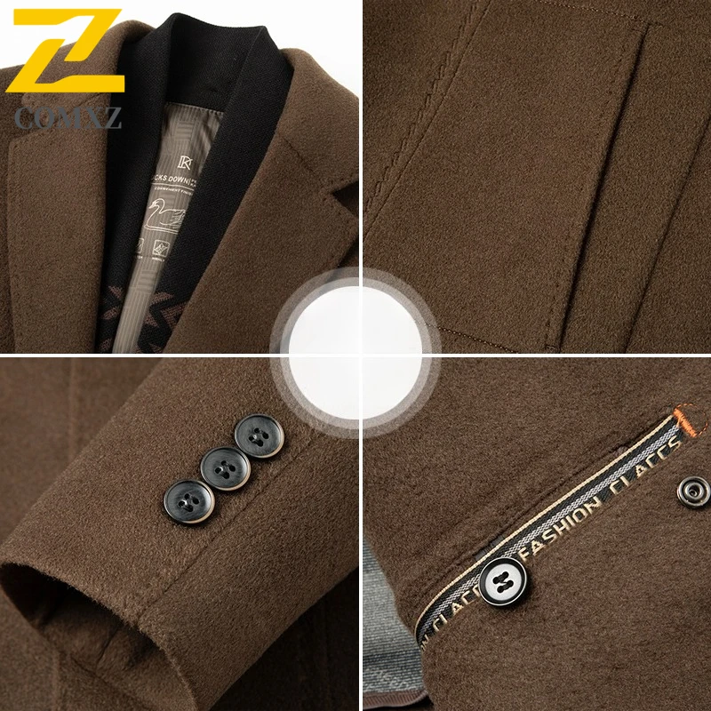 COMXZ High Quality Winter Jacket Hooded Warm Minimalist Ski Padded Jacket 2025 Work Luxury Classic Long Wool Coat Men's Clothing