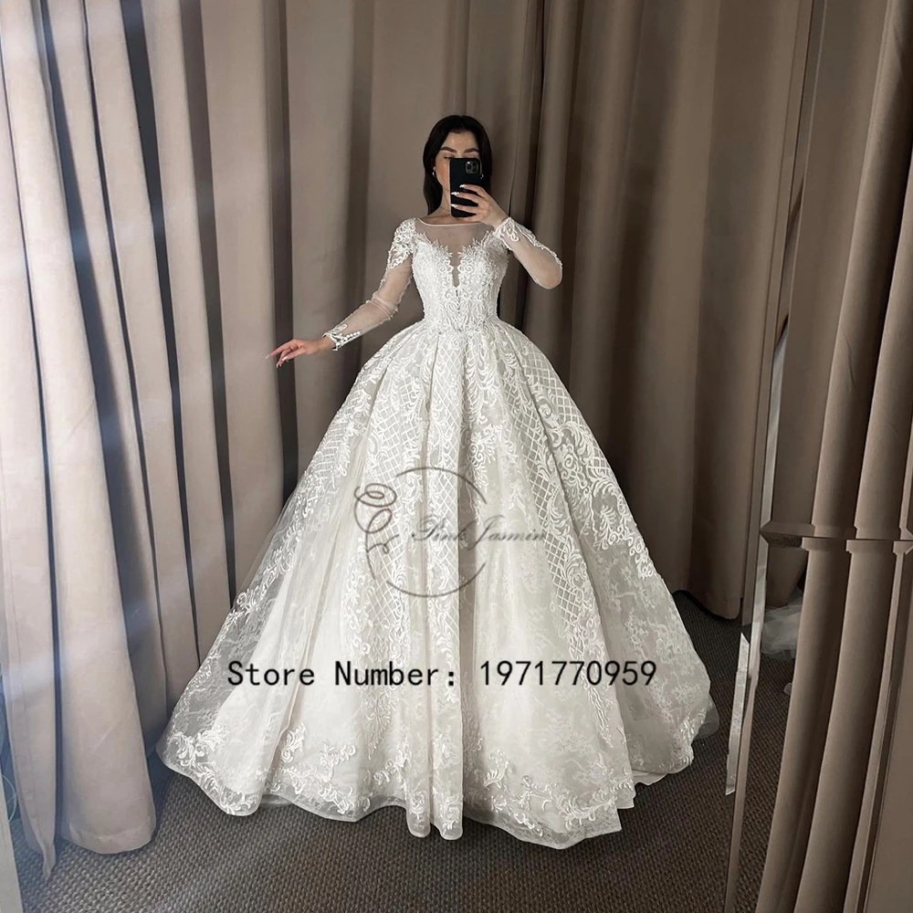 

Luxury O Neck Gorgeous Wedding Dresses For Women Full Sleeves Applique Elegant Lace Court Train Bridal Gowns With Soft Tulle