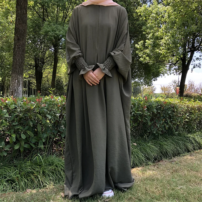 Ironless Islamic Clothing One Piece Full Length Elastic Wrists Frill Cuff Modest Prayer Maxi Dress Butterfly Jazz Crepe Abaya