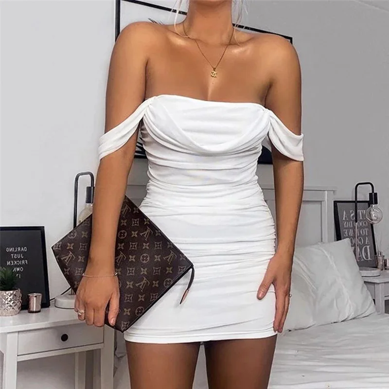 

Peling 2023 Fashion Short Dress for Women Party Elegant Sexy Off Shoulder Solid Pleated Party Dress White Bodycon Summer Dress