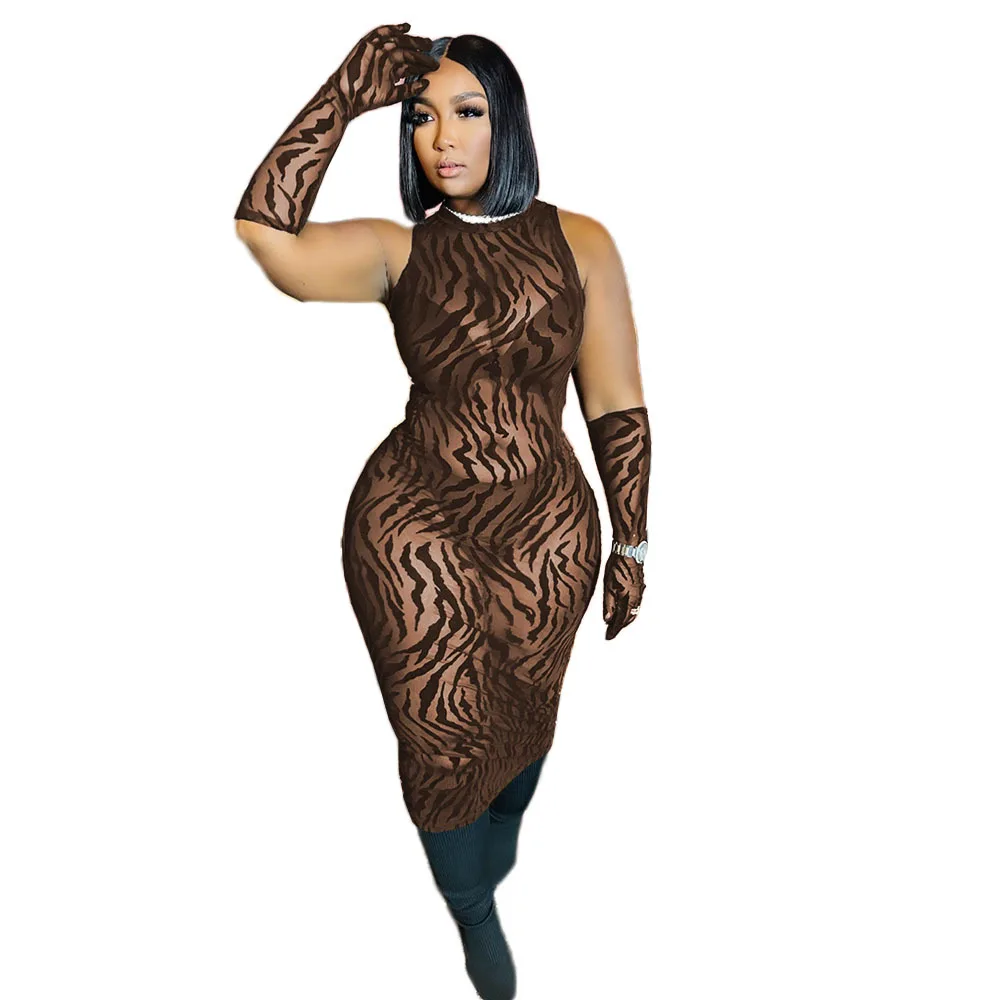 Plus Size Women Cheap Dress Casual Zebra Print Sleeveless Club Outfit With Glove Luxury Gown 2023 Summer Party 5xl New In Dress