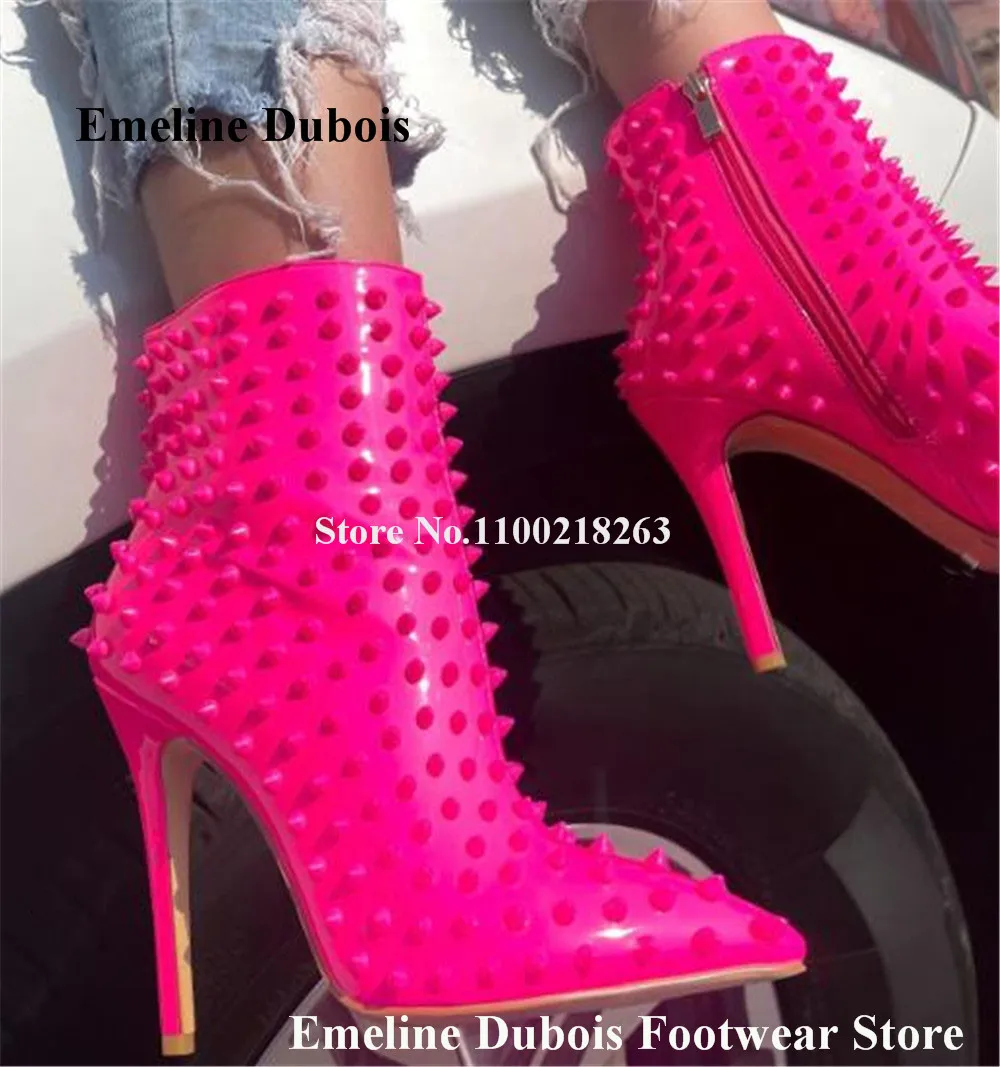 Sexy Rivets Short Boots Emeline Dubois Pointed Toe Pink Red White Studs Stiletto Heel Ankle Heels Party High Heels Boots