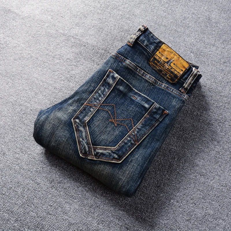 Fashion Vintage Men Jeans High Quality Retro Black Blue Elastic Slim Fit Patched Ripped Jeans Embroidery Designer Denim Pants Me