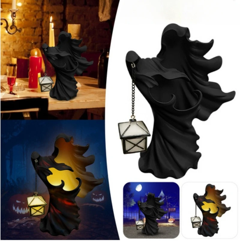 

Faceless Ghost Sculpture Creative Resin Halloween Ghost Statue with Lantern Garden Ornaments Scary Horror Sculpture Yard Decors