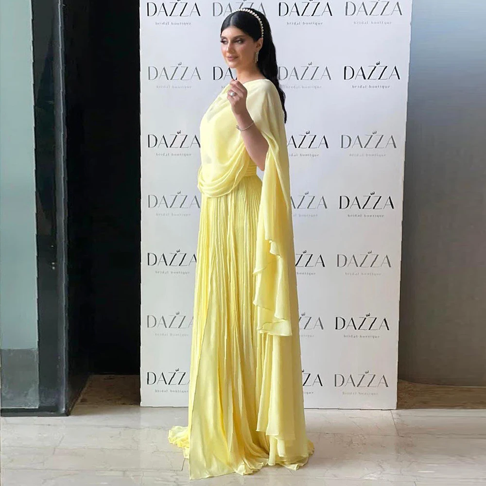 Fuchsia Chiffon Dubai Evening Dresses with Cape Sleeves Yellow Arabic Elegant Women Wedding Party Formal Gowns Mallzona