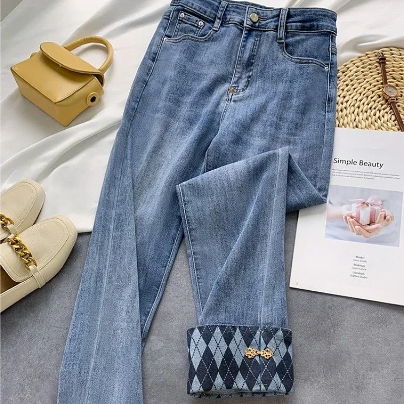 

Plaid with Pockets Womens Jeans High Waist Shot Pants for Women Straight Leg Trousers Summer Loosefit Cowboy Clothing Cheap Wide