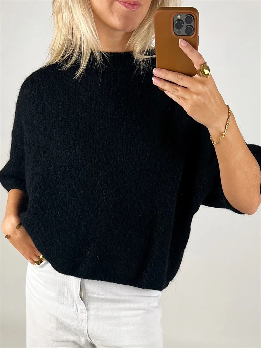 Neue Mode Frauen Frühling Herbst Stricken Pullover Halbe Hülse O Hals Einfarbig Lässige Strickwaren Heißer Verkauf S-XL – Detail 5