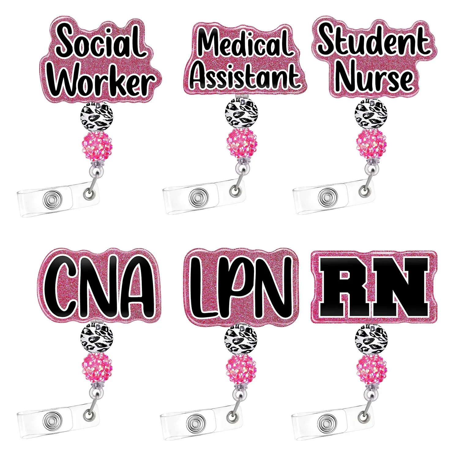 Retractable Badge Reel Glitter Acrylic 1 Piece Fashion Beads RN Social Worker ID Card Holder Keys Lanyard