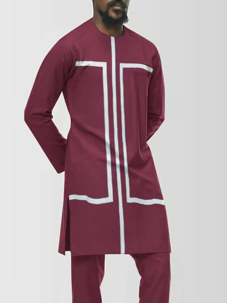 African Ethnic Style Men's Printed Fashion Muslim Clothing Men's Robe Islamic Hombre Pakistani Muslim Set Kaftan Qamis Musulman