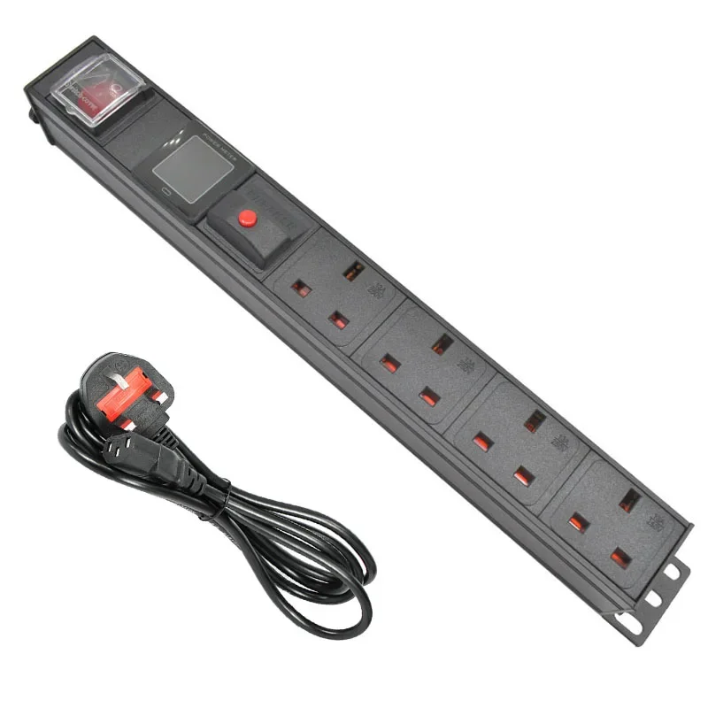 

PDU Power Strip Network Cabinet Rack UK 3 PIN Adapter output 4 Way socket and 13A 3500W overload protection IEC-320 C14 port