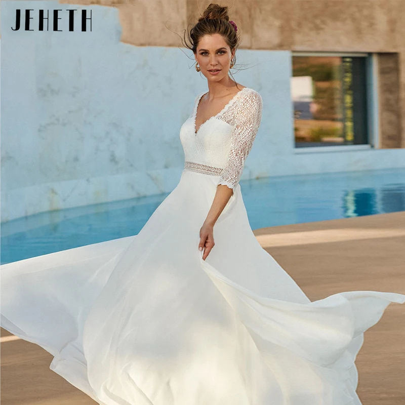 

JEHETH Beach A-Line Wedding Dress Sexy V-Neck Backless Bridal Gown Simple Chiffon Appliques Lace Vestido De Noiva For Bride 2023