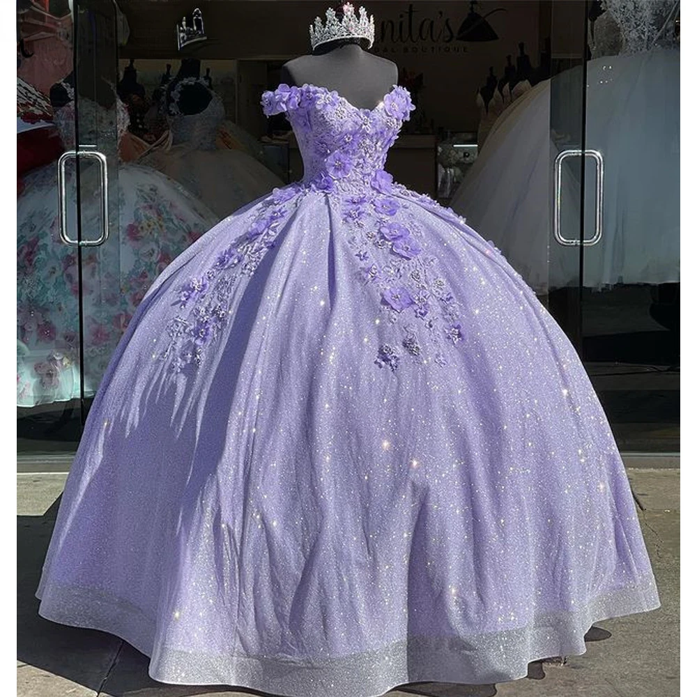 Bling Sequin Sweet 16 Quinceanera Dresses With 3D Applique Beads Corset Dress Vestidos De 15 Anos Masquerade Xv Dress Lavender