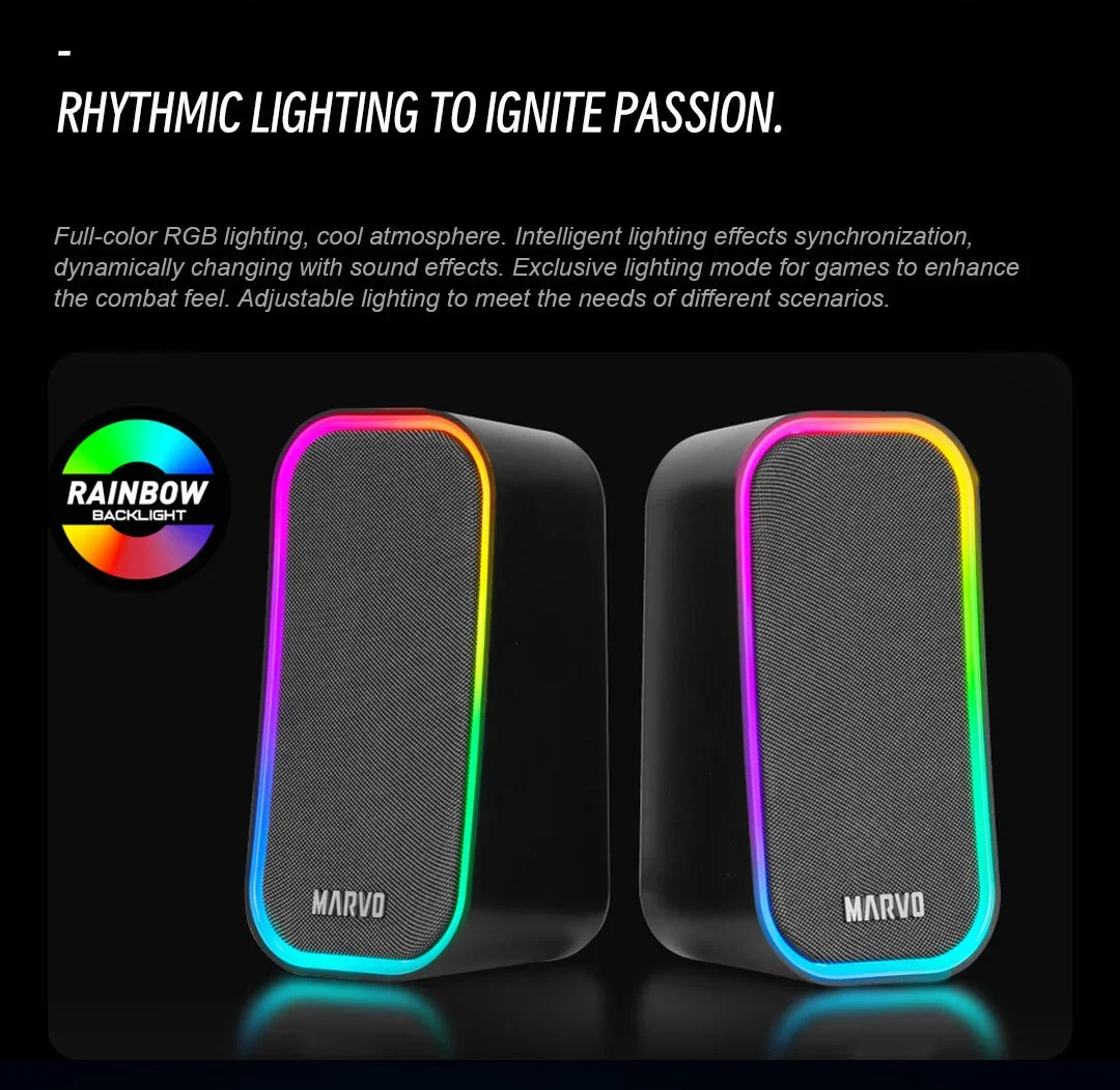 Marvo SG-285 유선 USB 스피커 RGB 조명 5 모드 스테레오 사운드 볼륨 조절 PC 용 전 범위 플라스틱 데스크탑 컴퓨터 스피커