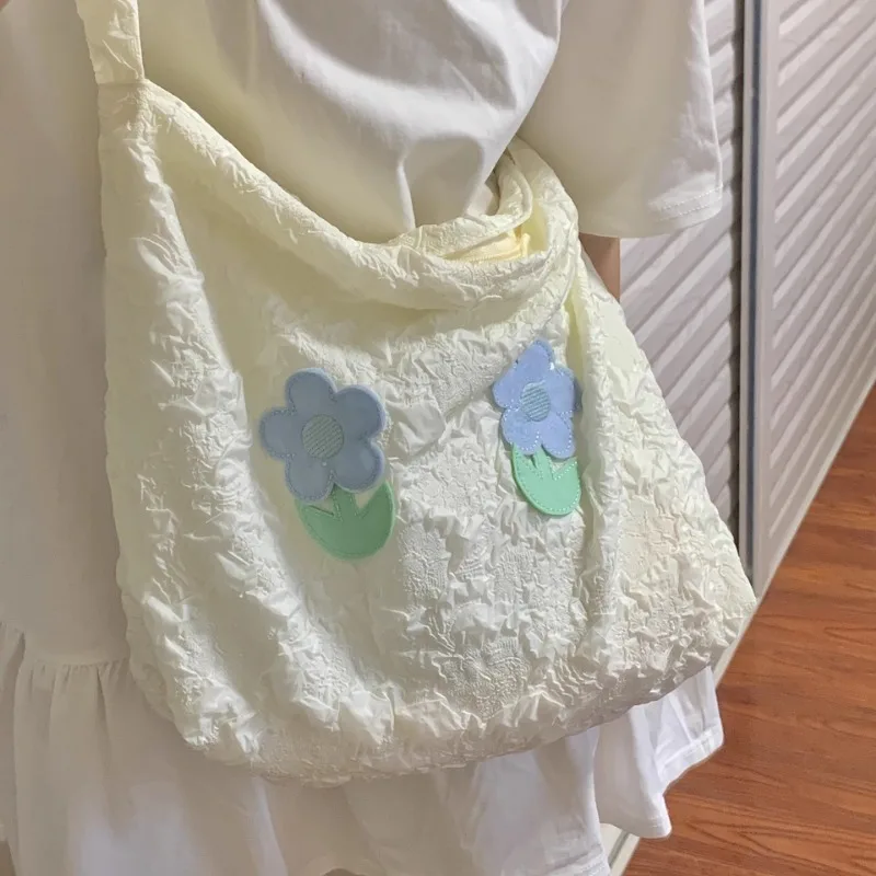 Xiuya Designer Aesthetic Womens Shoulder Bag Literary Lightweight Korean Style Fashion Tote Bag Cute Sweet Flower Female Handbag