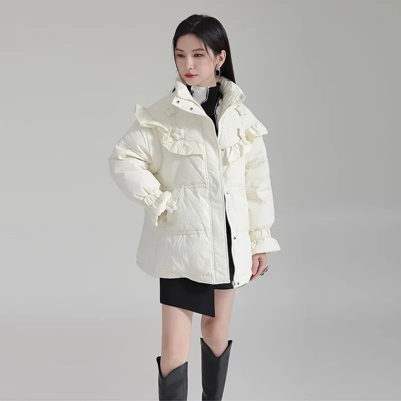 Fungus Edge Down Jacket for Women 2023 Winter White Duck Coats Stand Collar Floral Design Short Clothing Warm Thick Tops Parkas