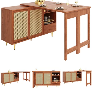 360 ° tavolo girevole in piedi, marrone dal design espandibile, armadio portaoggetti con anta in rattan, ripiano aperto, per cucina 1