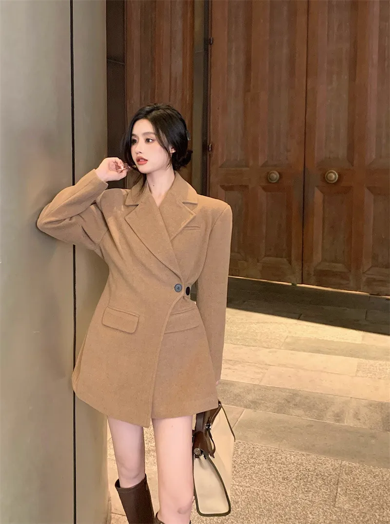 

Light Mature Style Women Suit Woolen Coat 2023 Autumn and Winter New High Sense Temperament Waist Dress Mid-length Suit Jacket