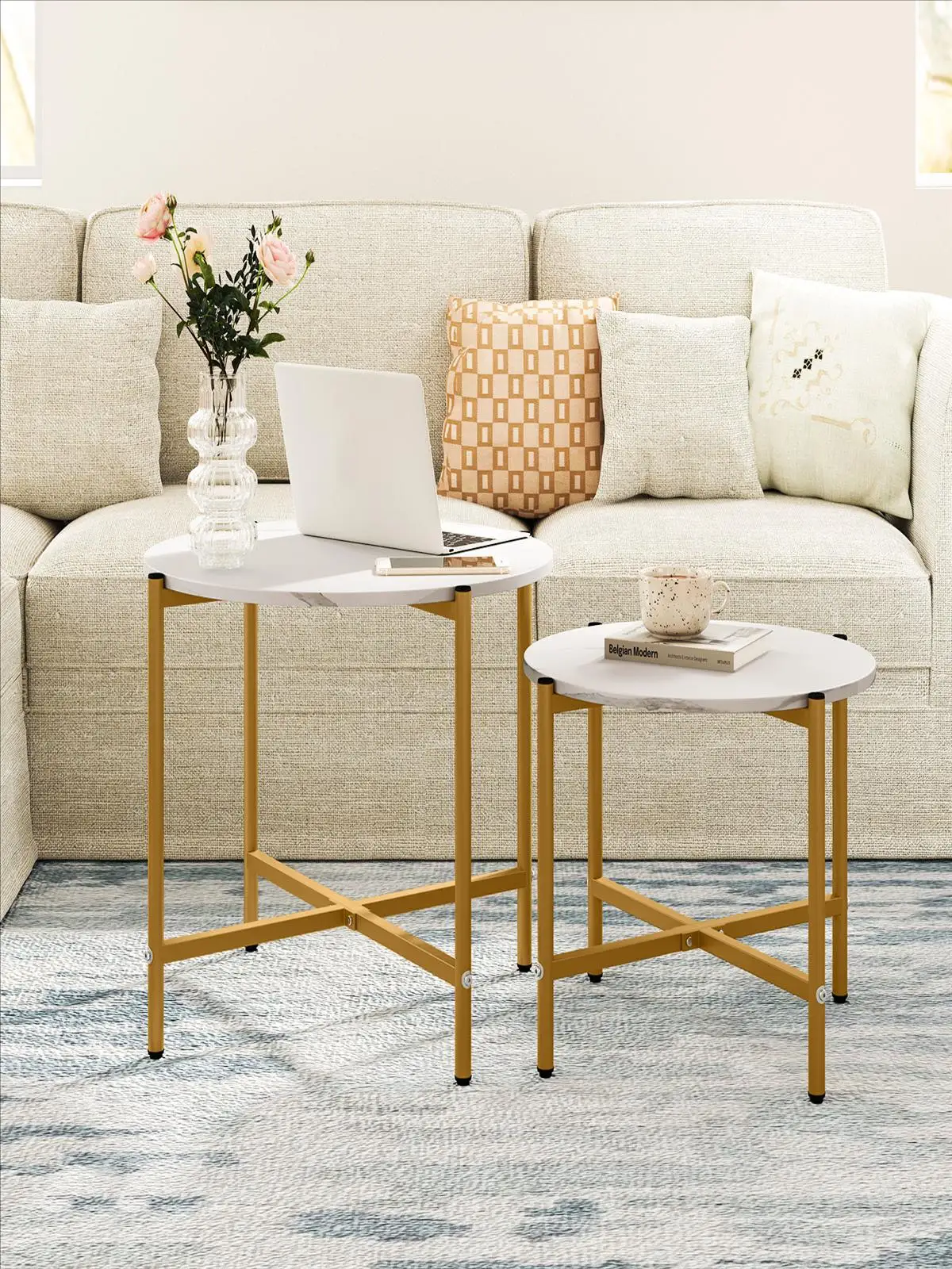 Runder Couchtisch im 2er-Set, Ineinanderstellbare Couchtische mit Robustem Metallrahmen, Runde Beistelltische für Wohnzimmer, Schlafzimmer – Detail 1
