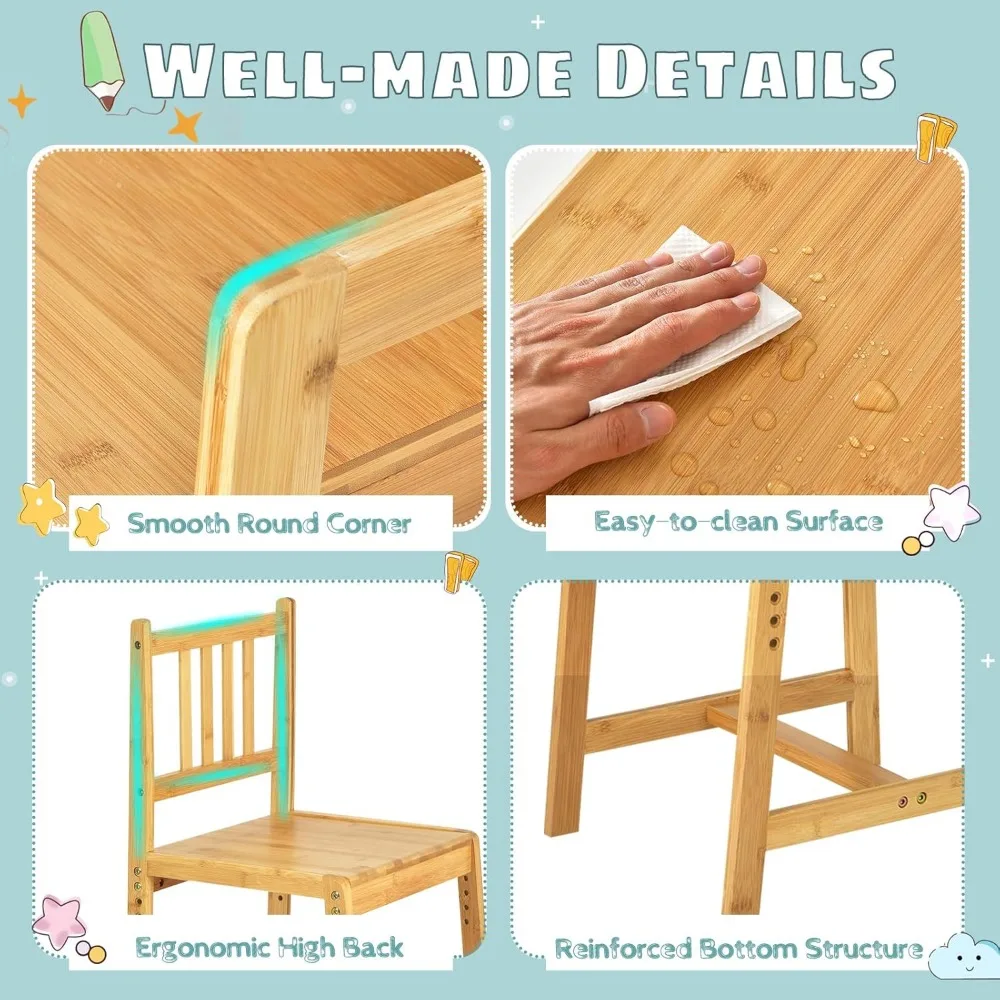 Kids Desk and Chair Set, Height Adjustable Bamboo Desk with Storage Hutch, Student Writing Computer Workstation for Bedroom 5