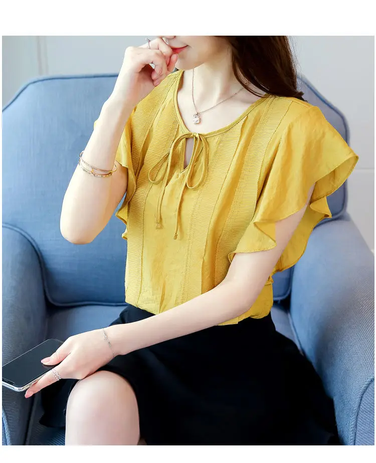 Female O-Neck Bow Lacing Hollow Out Solid Blouse Loose Oversize Flying Sleeve Patchwork Chiffon Shirt Women's Summer Clothing