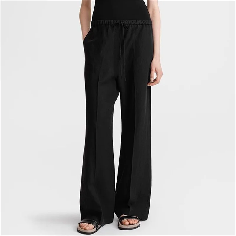 

Женские брюки, новые высококачественные хлопковые и зеленые прямые брюки-трубы на лето 2024, широкие брюки с завышенной талией и кулиской