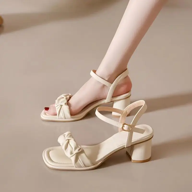 

FHANCHU 2023 New Women High Heeled Sandals,Summer Shoes,Square Open Toe,Ankle Buckle Strap,Outside Wear,Apricot,Beige,Dropship