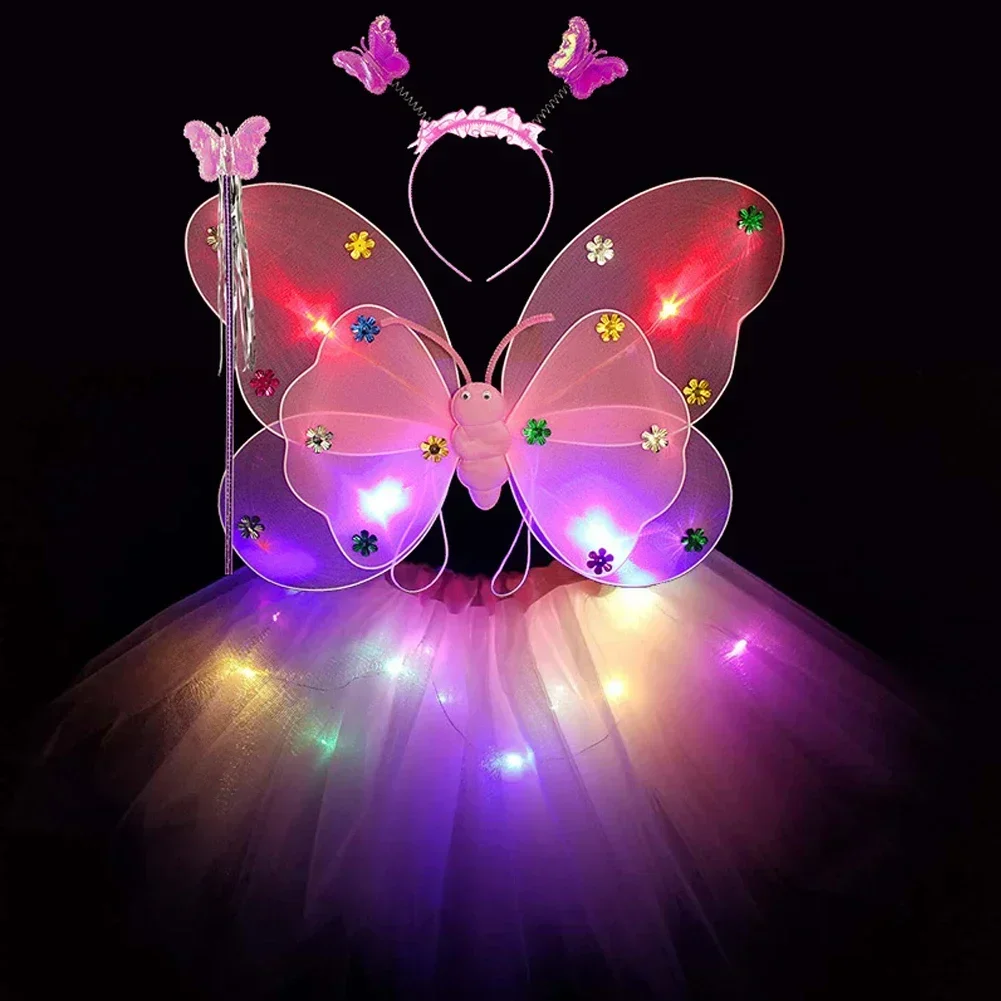 Children Toys Birthday Party Decorations Glow Headband Luminous Hair Bands LED Dance Costume 3/4Pcs/Set Fairy Butterfly Wing Wand Headband Costume Toy Gift Double Layers Girls Led Flashing Light Halloween