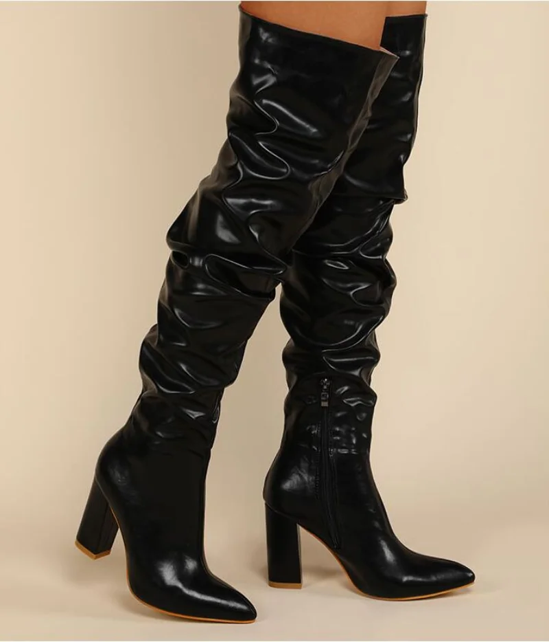 Women's Sexy Black Faux Leather Knee High Boots