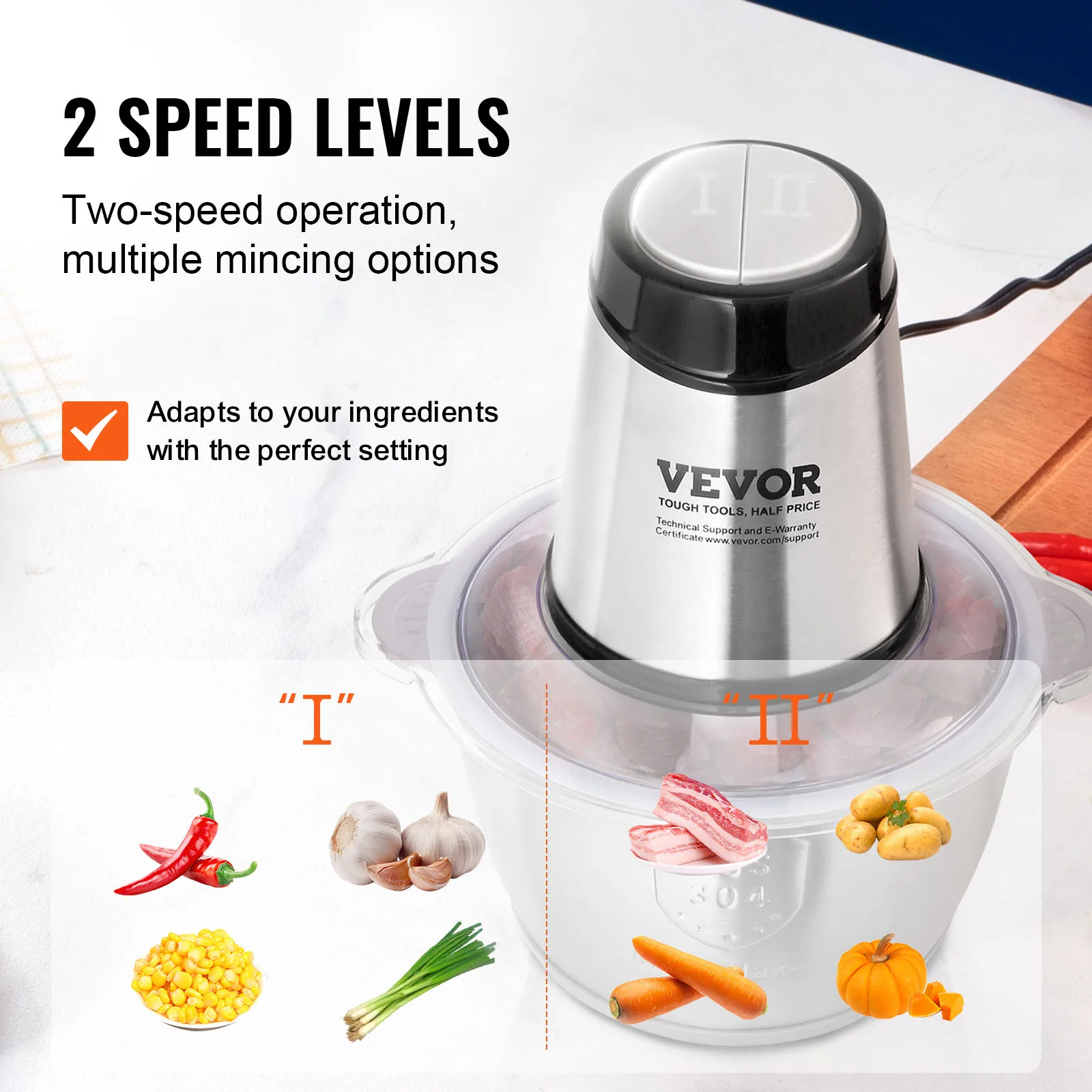 VEVOR Food Processor Electric Meat Grinder with 4Wing Stainless Steel Blades 8+5 Cup 2 Bowls 400W Electric Food Chopper 2 Speeds 4
