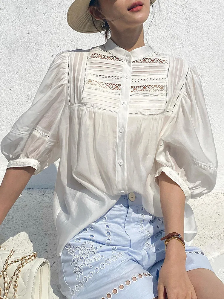 

GypsyLady French Chic Elegant Blouse Shirt Summer Loose Thin Lace Hollow Out Sexy Blouse Vocation Women Ladies Casual Tops New