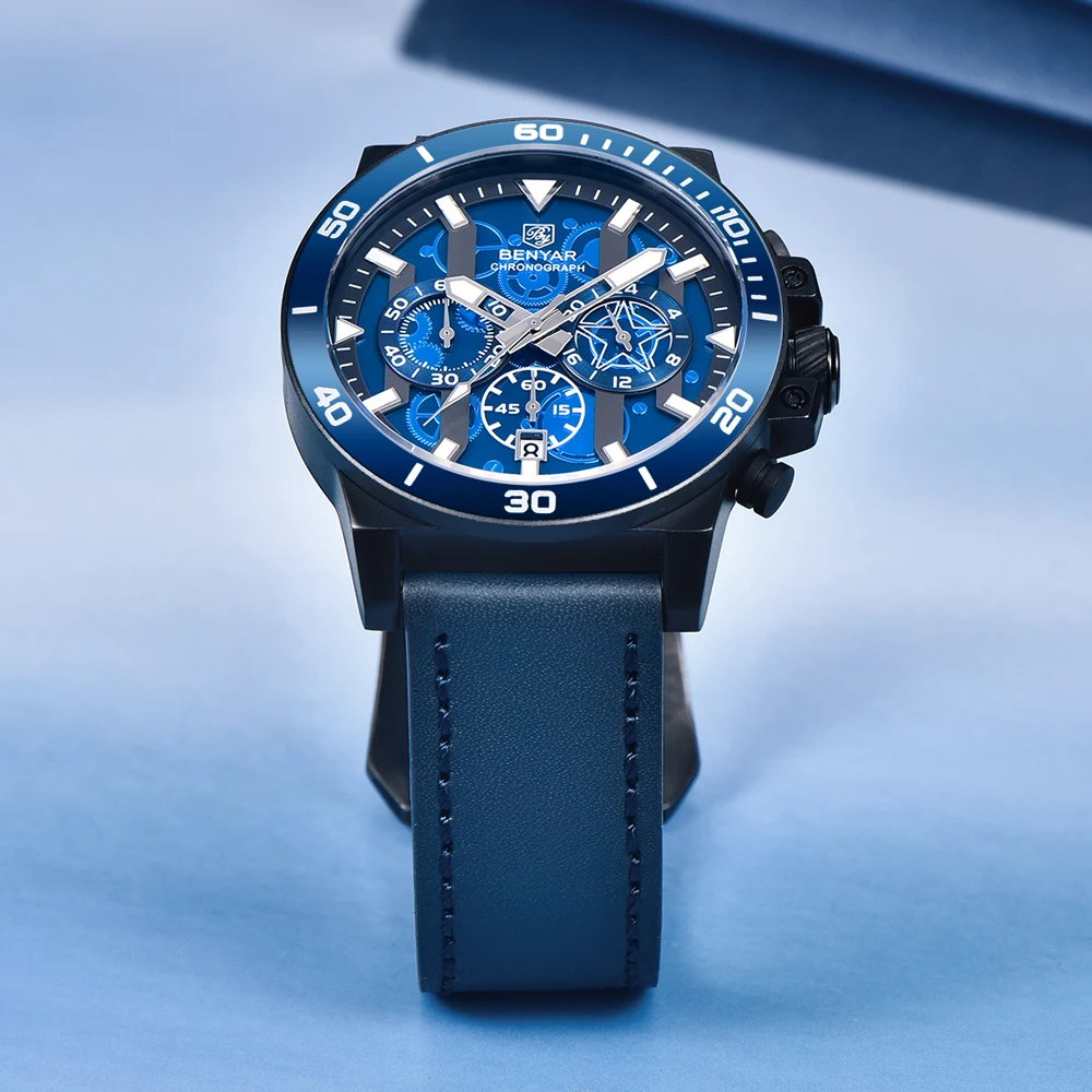 BENYAR Mens Watches Top Brand Luxury Quartz Watch For Men Sports Chronograph Waterproof Leather Luminous Clock Reloj Hombre 2023