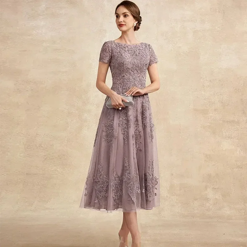Scoop- Neck Tea-Length Lace Appliques A-line Tulle Wedding Guest Gown  Vintage Short Mother of the Bride Dress 2024